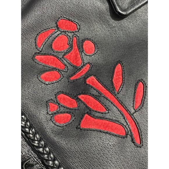 NWOT Women’s Black Fringe Leather Motorcycle Jacket Size Large Rose Inserts - Picture 8 of 15